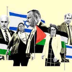 A photo illustration of Sen. Jon Tester, Sen. Bob Casey, Sen. Sherrod Brown, Rep. Elissa Slotkin, Sen. Jacky Rosen with Israel and Palestinian flags between them.