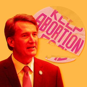 A photo illustration of Virginia Governor Glenn Youngkin and a torn Keep Abortion Legal sticker.