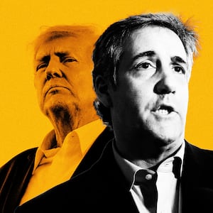 An illustration including a photo of Michael Cohen and Donald Trump