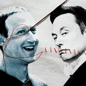 An illustration including images of Mark Zuckerberg and Elon Musk and a stock images of Threads.