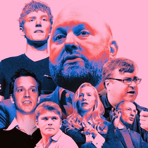 A photo illustration that shows Michael Moritz, Reid Hoffman, Marc Andreessen, Patrick and John Collison, Laurene Powell Jobs, and Nat Friedman