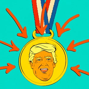 Donald Trump on a gold medal with arrows pointing