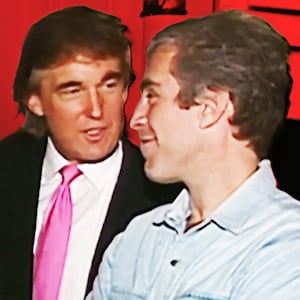 A photo illustration of Donald Trump partying with Jeffrey Epstein in 1992.