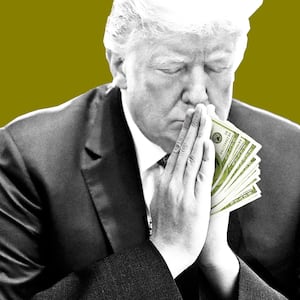 A photo illustration of Donald Trump praying with money between his hands. 