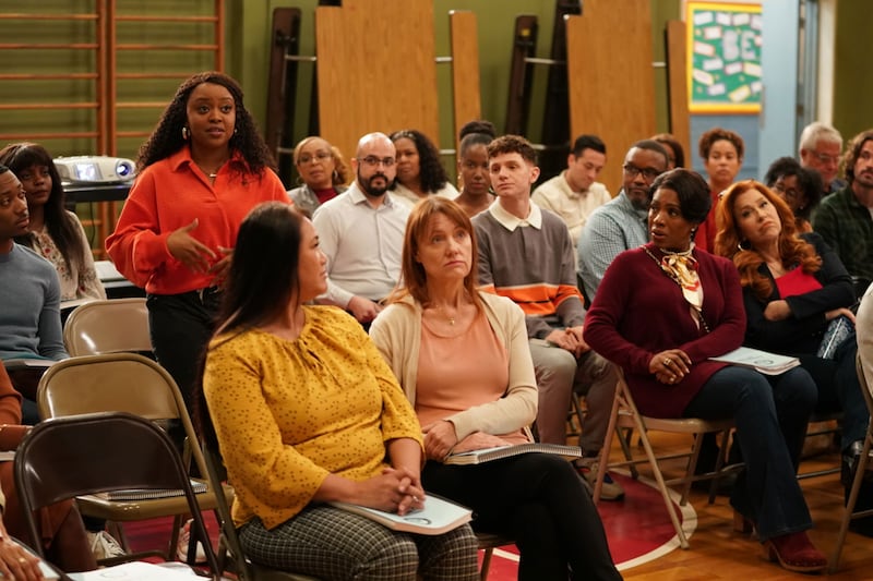 Quinta Brunson stands in a crowd in ‘Abbott Elementary’