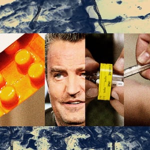 A photo illustration showing Matthew Perry, ketamine crystals and ketamine therapy drugs. 