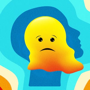 Illustration of a sad face melting in front of a psychedelic graphic in the shape of a human head