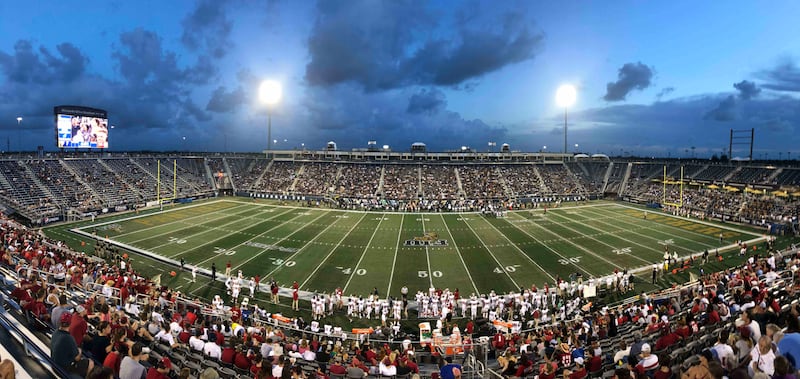 A panoramic view of Riccardo Silva Stadium during an NCAA football game between the Indiana Hoosiers and the FIU Golden Panthers.