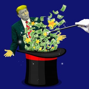 A photo illustration of former President Donald Trump and a magician casting money out of a hat.