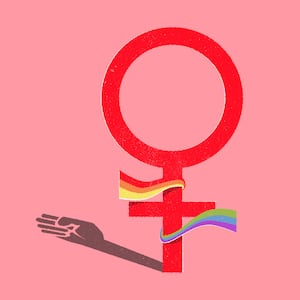 Illustration of the women’s symbol and a rainbow ribbon with a fist as a shadow behind it.