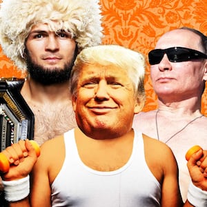 Photo illustration of Donald Trump, Vladimir Putin, and Khabib Nurmagomedov