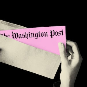 Photo illustration of someone holding a pink slip with the Washington Post logo on it coming out of an envelope.