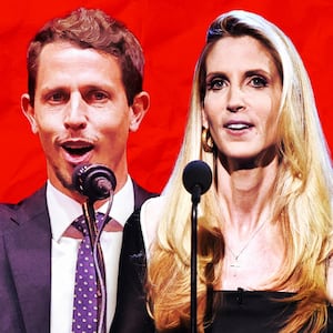 A photo illustration of Tony Hinchcliffe and Ann Coulter.