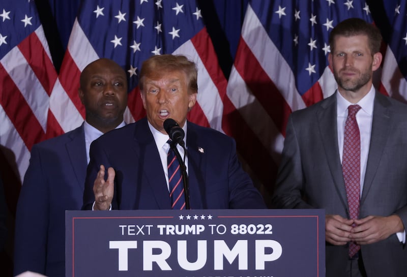 A photograph of Donald Trump speaking to a crow of supporters during his primary night rally at the Sheraton on January 23, 2024 in Nashua, New Hampshire.