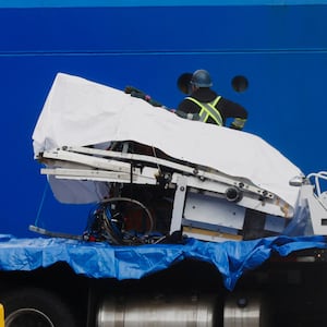 A view of the Horizon Arctic ship, as salvaged pieces of the Titan submersible from OceanGate Expeditions are returned, in St. John's harbour, Newfoundland, Canada June 28, 2023. 