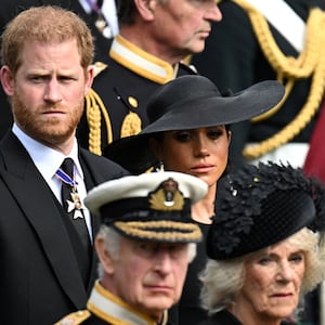 Meghan, Duchess of Sussex, reacts as she, Prince Harry, Duke of Sussex, Queen Camilla and King Charles attend the state funeral and burial of Britain's Queen Elizabeth.