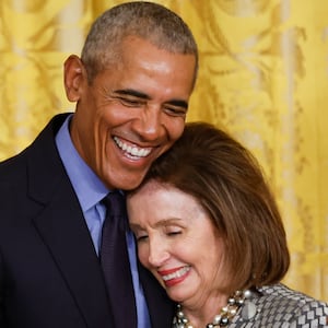 Former President Barack Obama hugs House Speaker Nancy Pelosi  at the end of an event to mark the 2010 passage of the Affordable Care Act at the White House on April 5, 2022 in Washington, D.C.