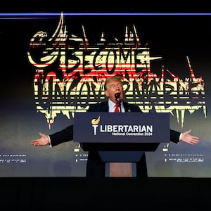  Former U.S. President and Republican presidential candidate Donald Trump addresses the Libertarian Party National Convention at the Washington Hilton on May 25, 2024 in Washington, DC.