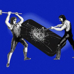 A photo illustration showing two Luddite figures from an 1800’s etching breaking an iPhone.