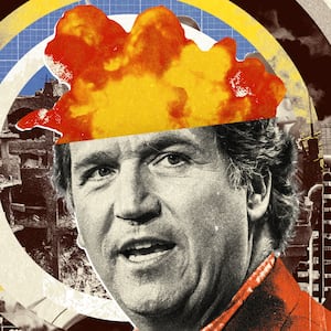 Photo illustration of Tucker Carlson with an explosion coming out of his head with concentric circles of scenes of the Israel-Palestine conflict on a blue paper background