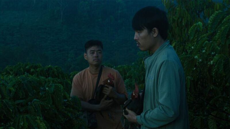 Two men hold chickens in a still from Inside the Yellow Cocoon Shell