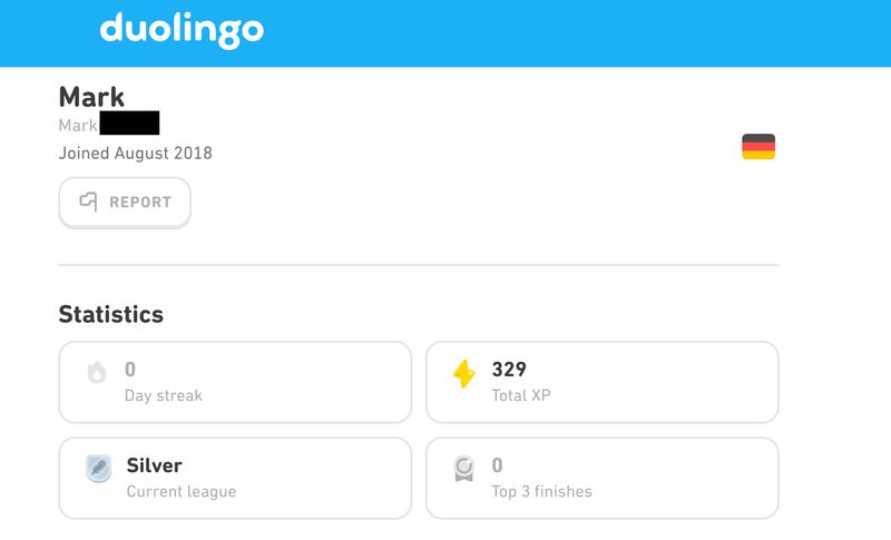A screenshot of Duolingo shows an account learning German that is affiliated with an email address that belongs to Mark Robinson.