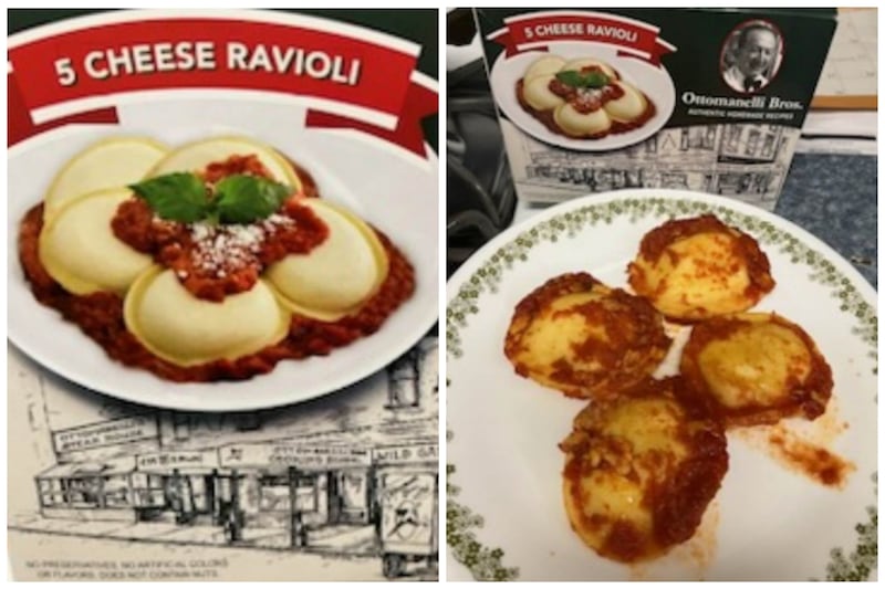 A side-by-side view of the Ottomanelli ravioli packaging next to a prepared plate of it, showing just four ravioli.