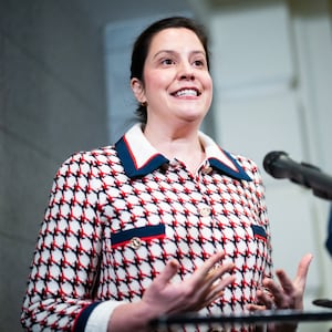 House Republican Conference Chair Elise Stefanik, R-N.Y., speaks as vice chair Rep. Blake Moore, R-Utah, looks on