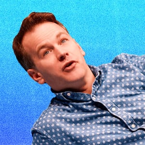 Photo illustration of Mike Birbiglia on a blue gradient background