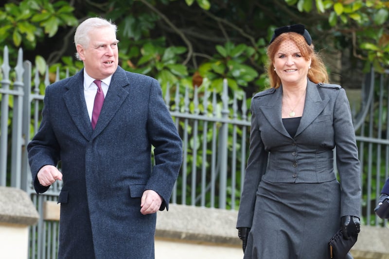 Prince Andrew, Duke of York, and Sarah, Duchess of York attend the Thanksgiving Service for King Constantine of the Hellenes at St George's Chapel on February 27, 2024 in Windsor, England.