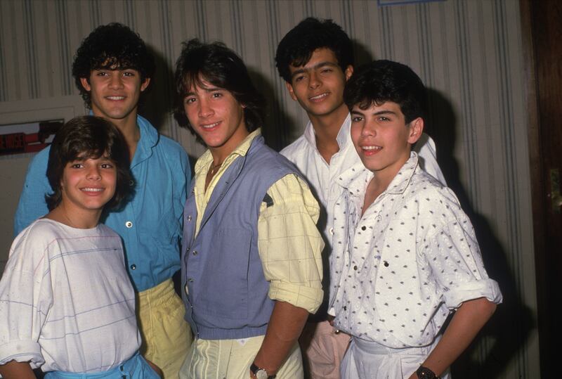 Portrait of teen pop group Menudo (L-R: Ricky Martin,  aged thirteen, Charlie Rivera, Roy Rossello, Robby Rosa, and Ray Acevedo