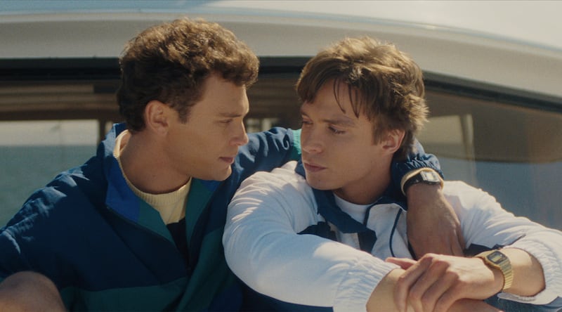 Cooper Koch as Erik Menendez, Nicholas Chavez as Lyle Menendez in Monsters: The Menendez Brothers Story.