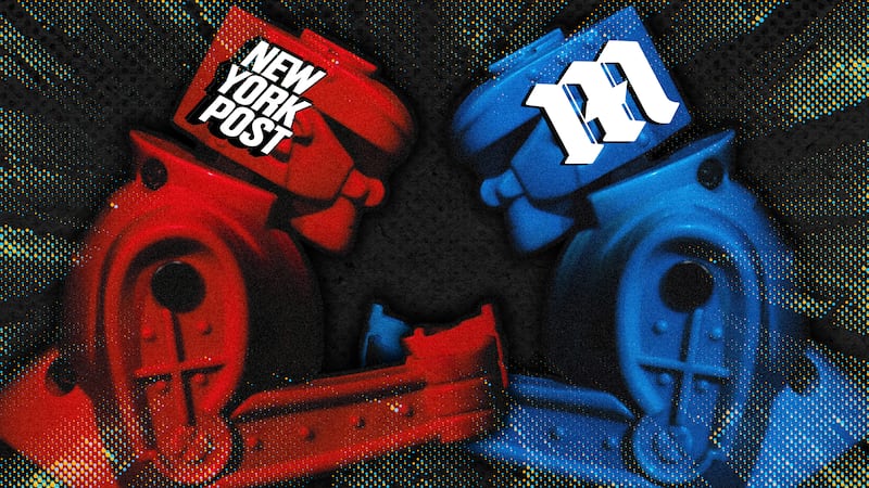 Daily Mail and New York Post logos illustrated over Rock 'Em Sock 'Em Robot toys.