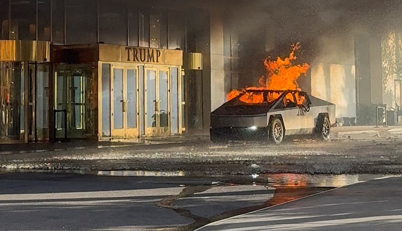 Flames rise from a Tesla Cybertruck after it exploded outside the Trump International Hotel Las Vegas, in Las Vegas, Nevada, U.S., January 1, 2025.