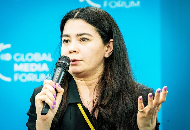 Sevgil Musaieva, editor-in-chief of Ukrainian Newspaper Ukrainska Pravda, talks at the Deutsche Welle Global Media Forum on June 19, 2023 in Germany.