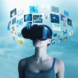 An illustration that includes a Person wearing a VR headset