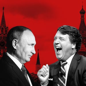 An illustration including a photo of Putin and Tucker Carlson