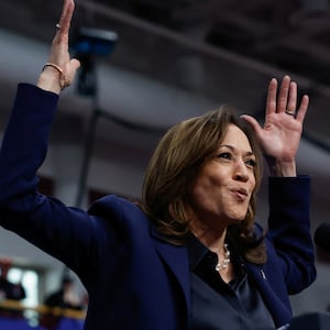 Democratic presidential nominee U.S. Vice President Kamala Harris gestures during a campaign event at the University of Wisconsin-La Crosse on October 17, 2024.