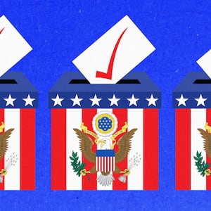 A photo illustration of election ballot boxes with the US government seal.