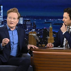 Comedian Conan O’Brien during an interview with host Jimmy Fallon on Tuesday, April 9, 2024.