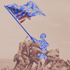 A photo illustration showing an AI human holding a flag in the famous photograph, “Raising the Flag on Iwo Jima”, where American soldiers holding the United States flag during The Battle of Iowa Jima.