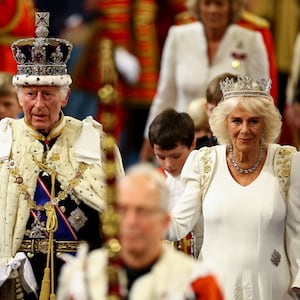 King Charles III wears the Imperial State Crown and Queen Camilla wears the Diamond Diadem during a ceremony on the day of the State Opening of Parliament at the Palace of Westminster, on July 17, 2024 in London, England. 