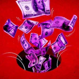 A photo illustration money falling down a dark hole.