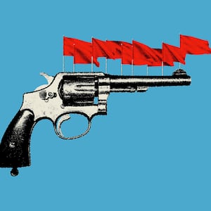 Photo illustration of a revolver with red flags on top of it