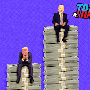 alt txt: A photo illustration of former President Donald Trump and President Biden sitting on stacks of money.