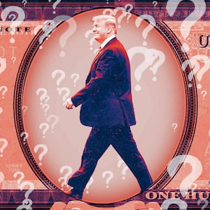 A photo illustration of former President Donald Trump with a background of money and question marks.