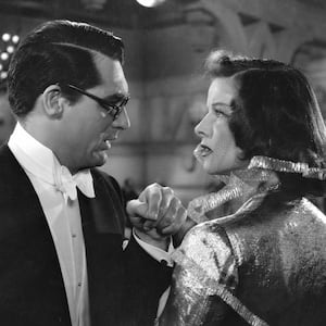 Cary Grant and Katharine Hepburn in Bringing Up Baby (1938).