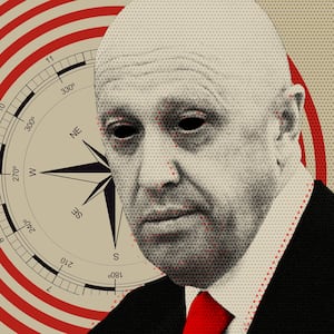 Photo illustration of Yevgeny Prigozhin with blacked out eyes and a compass and target sign collaged behind him.