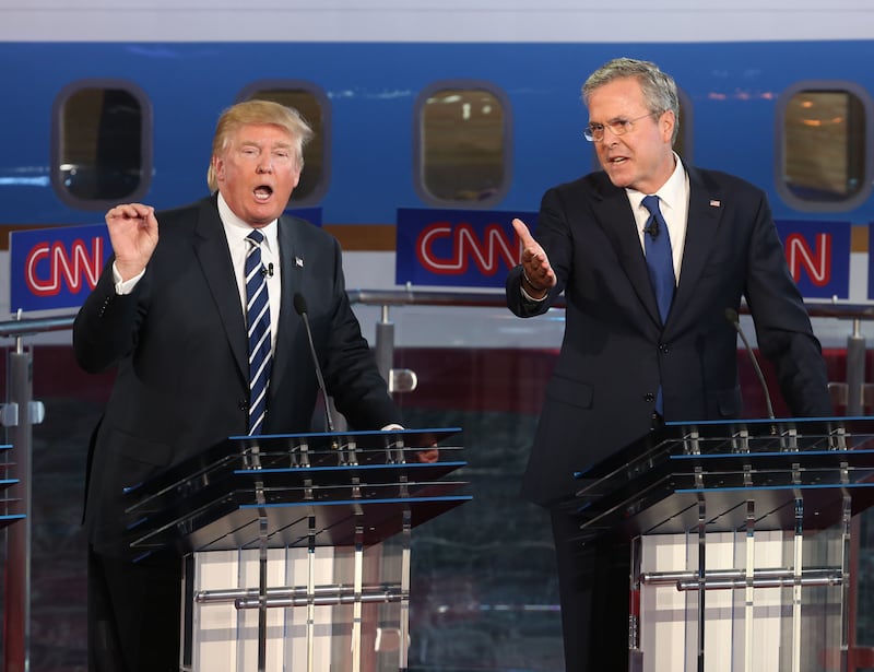 Republican presidential candidates Jeb Bush and Donald Trump take part in the presidential debates at the Reagan Library on September 16, 2015 in Simi Valley, California.