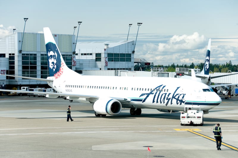 An Alaska Airlines jet at Seattle-Tacoma International Airport, where flight 334 was supposed to land.